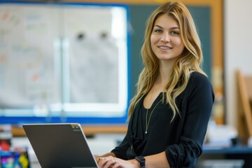 Obraz premium Smiling Young Woman Blonde Hair Working Laptop Modern Office - Business Success Concept