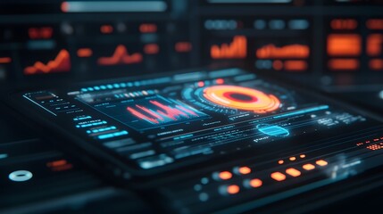 Obraz premium Futuristic Holographic Financial Data Projected from Tablet Device for Analytics Concepts