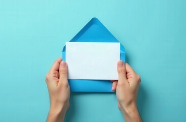 Hands holding blue envelope with blank white card on light blue background