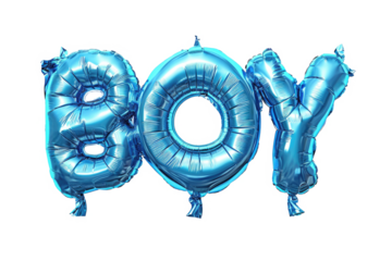 inflatable blue foil balloons, word boy, white isolated background