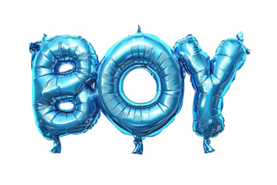 inflatable blue foil balloons, word boy, white isolated background