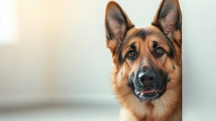 This close-up of an adorable German Shepherd captures its friendly expression and warm eyes, highlighting the bond between pets and their owners in a cozy indoor setting.