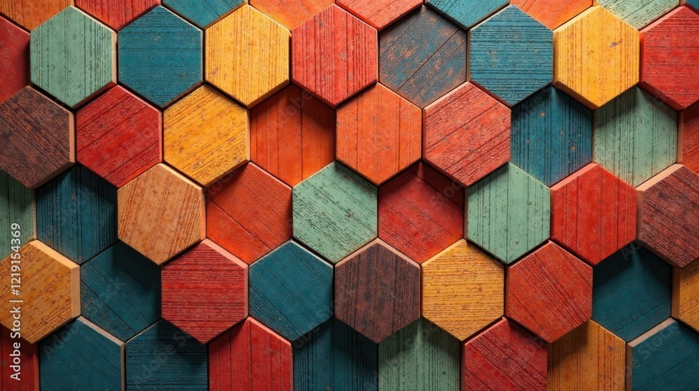 Aufkleber A Colorful Hexagonal Wooden Pattern Background Texture Featuring Varied Hues and Rustic Appeal