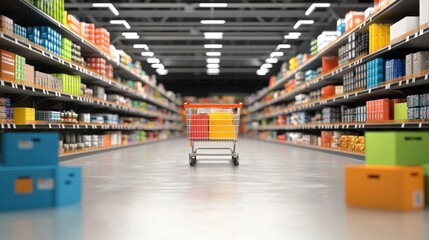 Empty Shopping Cart in Grocery Store Aisle