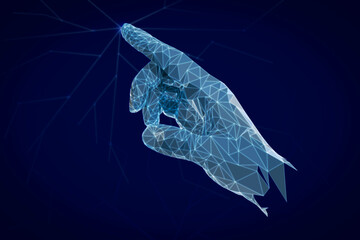 Touch of virtual hand with digital pattern breaking cyberspace. Dark blue background