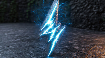3d rendered lightning bolt with blue energy on stone texture in dark fantasy digital art featuring mystical glowing symbols and crackled arcane power with illuminated artifact