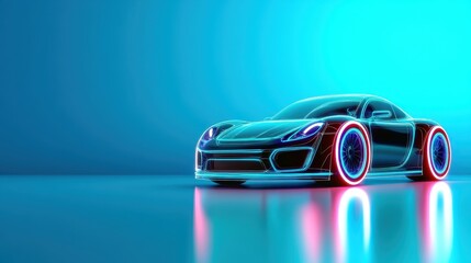 An abstract representation of a futuristic car, illuminated with neon lights that accentuate its contours and evoke a sense of speed and innovation in automotive design.