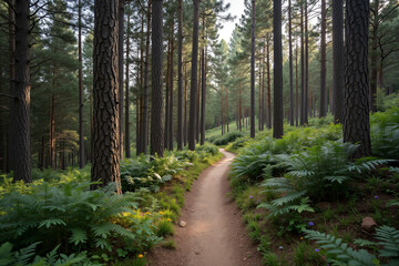 Obraz premium Serene hiking trail through pine forest with morning light