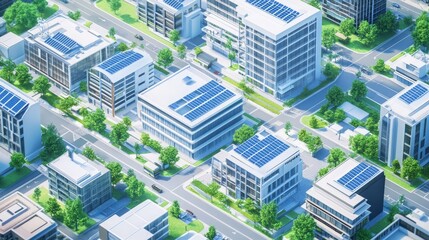 Net zero carbon policy. A vibrant aerial view of a modern cityscape featuring buildings with solar panels, green spaces, and well-planned streets.