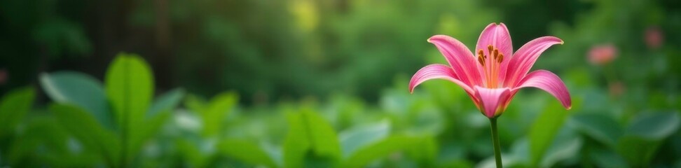 Fototapeta premium A single stem of pink lily rises from a bed of green leaves, pink, rustic, flowers