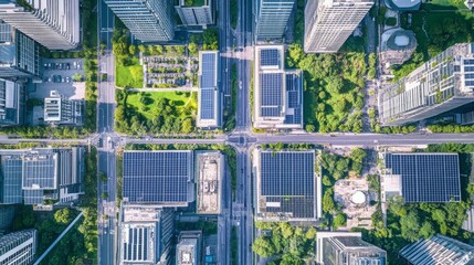 Net zero carbon policy. Aerial view of a modern urban area featuring high-rise buildings, green spaces, and solar panels on rooftops.