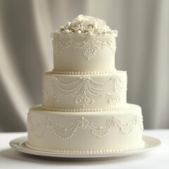 Charming Two-Tier Wedding Cake with Intricate Piping and Bead Accents