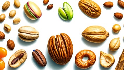 Assorted nuts and seeds, colorful artistic arrangement, white background, overhead view, vibrant colors, macro photography, pistachio, almond, cashew, pecan, pumpkin seed, sunflower seed, realistic te