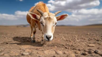 A detailed close-up of a goat in a dry, rocky environment, capturing the essence of resilience and tenacity in nature amid arid conditions and vast landscapes.