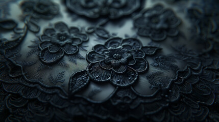 Close-up of intricate black lace with floral embroidery
