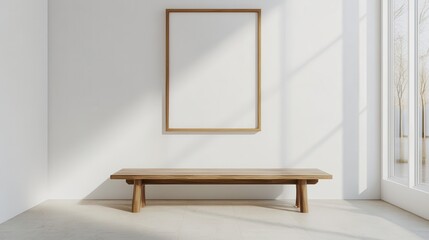 A Minimalist Room With A Wooden Bench And A Blank Picture Frame. Sunlight Streams Through A Large Window, Creating A Serene And Peaceful Atmosphere.