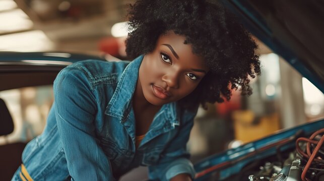 Professional African American female mechanic leaning over engine, fixing complex automotive system with precision in busy repair workshop
