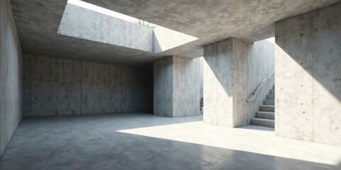 Modern Concrete Interior Architectural Design with Subtle Natural Light Illumination and a Simple Staircase
