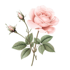 beautiful pink rose with buds and green leaves, symbolizing elegance and love