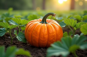 Obraz premium Orange pumpkin in lush green field at sunset