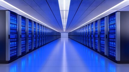 Fototapeta premium Futuristic and Sleek Data Server Room Glowing with Blue Lights Symbolizing Advanced Cloud Technology