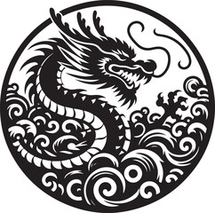 A dragon silhouette victor design with white background.