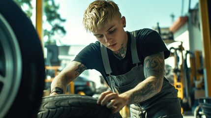 Young female mechanic working diligently on a tire in a garage, showcasing focus and skill while inspecting the vehicle for repairs