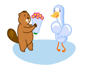 Beaver gives flowers to duck illustration, postcerd concept