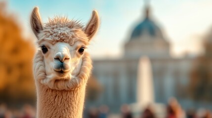 Obraz premium A beautiful llama stands confidently against a blurred historic backdrop, embodying a harmonious blend of nature and urban life in a vibrant setting.