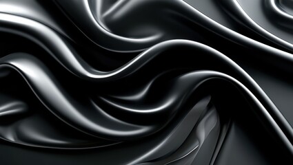 Obraz premium Sleek black satin fabric, smooth flowing curves, glossy textile texture, abstract wave pattern, luxurious dark material, close-up detail, soft folds and ripples, elegant drapery, monochromatic design,