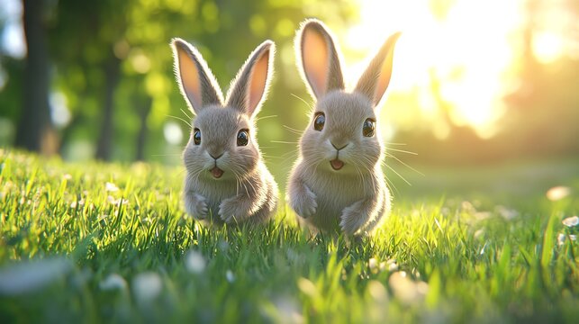 Two adorable bunnies hopping through a vibrant green field, basking in the warm sunlight. The scene captures the joy and playfulness of springtime in nature.