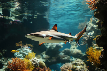 Obraz premium A shark swimming underwater near colorful corals