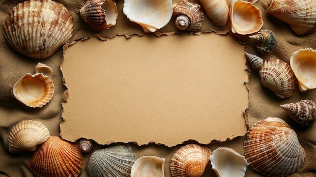 Seashells and blank card on sand for summer message or event invitation