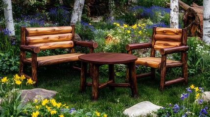 Rustic Log Cabin Garden Chairs and Table Set