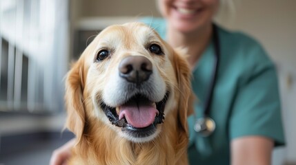 Happy Golden Retriever with Veterinarian in Clinic Setting