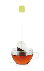 Cup with tea bag isolated on white