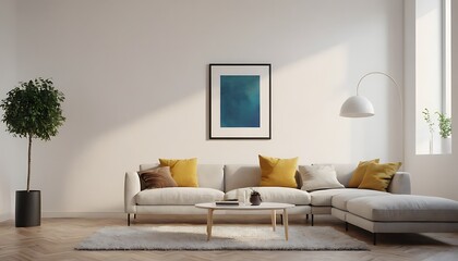 mock up poster frame in modern interior background, living room, Scandinavian style, 3D render, 3D illustration,Interior poster mock up with horizontal empty wooden frame,Scandinavian style,943