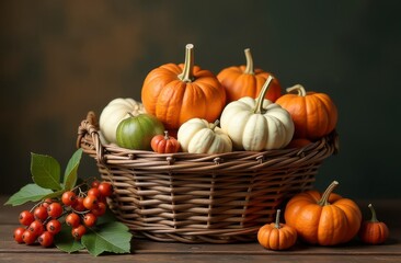 Basket of mixed pumpkins and autumn berries on wooden table