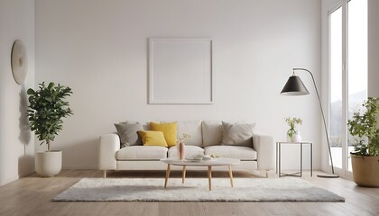 Obraz premium mock up poster frame in modern interior background, living room, Scandinavian style, 3D render, 3D illustration,Interior poster mock up with horizontal empty wooden frame,Scandinavian style,834