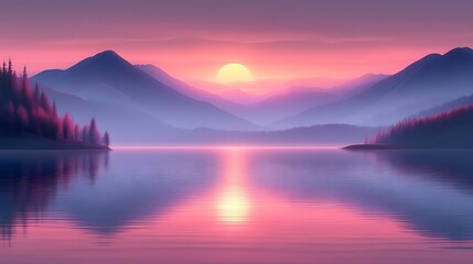 Serene Sunset Over Misty Mountain Lake