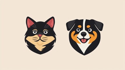 Naklejka premium Cute Cat and Dog Faces in Cartoon Style for Pet Lovers and Friends