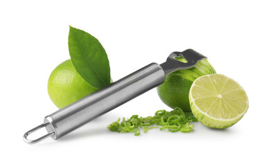 Lime zest, fresh fruits and zester tool isolated on white