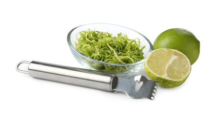Lime zest, fresh fruits and zester tool isolated on white