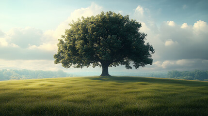Obraz premium A lone tree stands in a grassy field under a cloudy sky