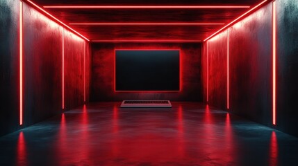 This image showcases a minimalist room with striking red neon lighting, featuring a sleek laptop placed centrally against a dark background, creating a surreal ambiance.