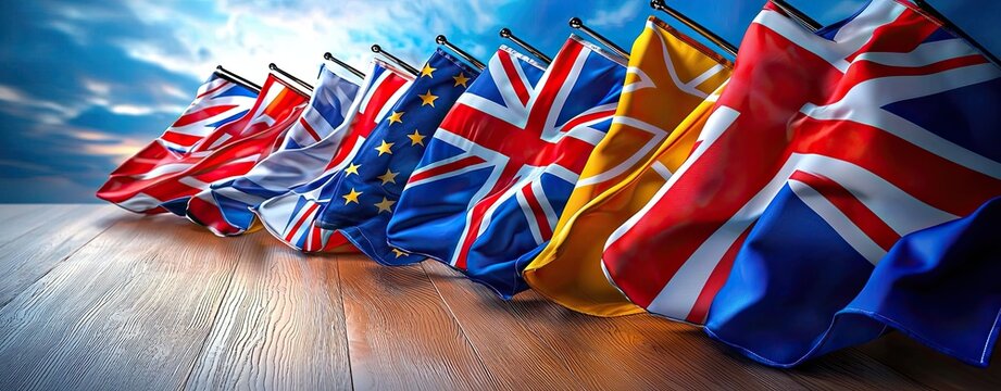 Realistic Waving Flags of Commonwealth Nations on a Wooden Table with a Scenic Background