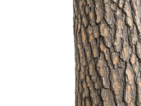 Dramatic monochrome, textured tree trunk isolated against a deep black background