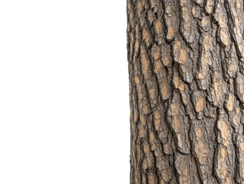Dramatic monochrome, textured tree trunk isolated against a deep black background