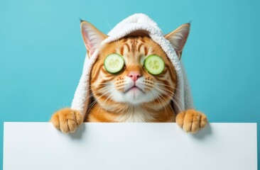 Cute cat relaxing with towel and cucumber slices on blue background
