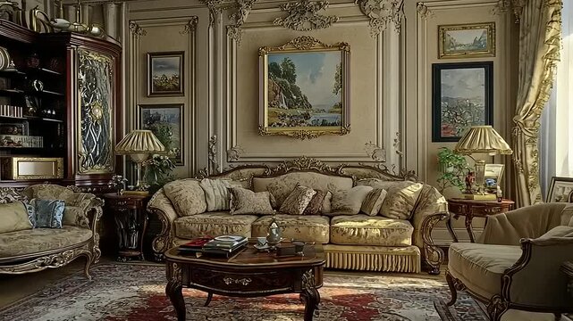 Elegant living room with vintage furniture, ornate decor, and classic paintings in a bright setting